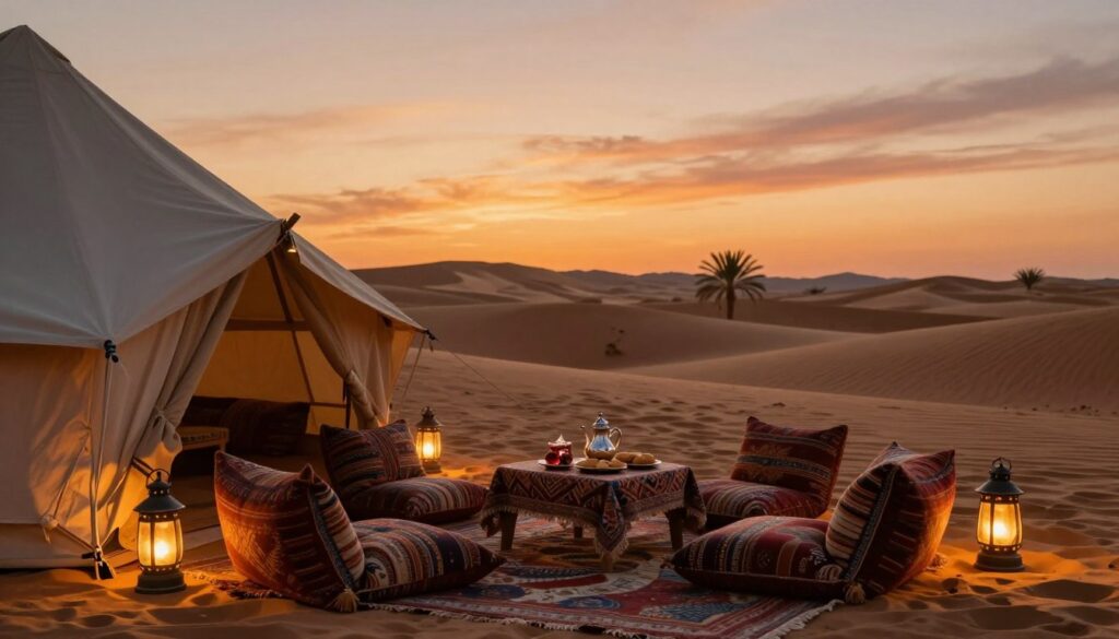 A luxurious glamping scene in the Sahara Desert during sunset. In the foreground, a beautifully designed tent with rich textiles and soft lighting, including lanterns casting a warm glow. Comfortable seating with plush cushions invites relaxation. In the middle ground, a small table is set with traditional Moroccan tea and pastries, embodying hospitality and allure. In the background, the vast dunes of the Sahara stretch under a vibrant sky, transitioning from gold to deep orange, with silhouettes of distant palms. The atmosphere is tranquil yet inviting, emphasizing a luxurious and immersive desert experience. The perspective captures the expansive beauty and unique charm of this desert oasis, highlighting the plushness against the rugged landscape. Soft, diffuse lighting enhances the overall warmth and opulence of the setting. A luxurious glamping scene in the Sahara Desert during sunset. In the foreground, a beautifully designed tent with rich textiles and soft lighting, including lanterns casting a warm glow. Comfortable seating with plush cushions invites relaxation. In the middle ground, a small table is set with traditional Moroccan tea and pastries, embodying hospitality and allure. In the background, the vast dunes of the Sahara stretch under a vibrant sky, transitioning from gold to deep orange, with silhouettes of distant palms. The atmosphere is tranquil yet inviting, emphasizing a luxurious and immersive desert experience. The perspective captures the expansive beauty and unique charm of this desert oasis, highlighting the plushness against the rugged landscape. Soft, diffuse lighting enhances the overall warmth and opulence of the setting.