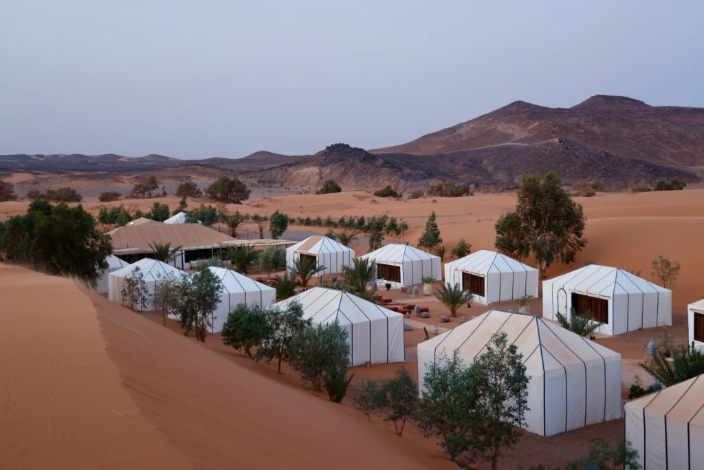 A picturesque scene of luxury desert camps in Morocco, showcasing elegantly decorated tents with plush furnishings and vibrant rugs set in a sprawling sandy landscape. In the foreground, a beautiful tent features intricate Berber patterns, inviting comfortable seating areas with plush cushions and low tables adorned with traditional tea sets. The middle ground reveals a shimmering oasis with palm trees and lush greenery, complementing the warm colors of the desert sands. In the background, majestic sand dunes rise against a pastel sunset sky, creating a tranquil atmosphere. Soft, golden lighting bathes the scene, enhancing the opulence of the camps. Capture this inviting and serene setting from a slightly elevated angle, emphasizing the grandeur and allure of these luxury accommodations. A picturesque scene of luxury desert camps in Morocco, showcasing elegantly decorated tents with plush furnishings and vibrant rugs set in a sprawling sandy landscape. In the foreground, a beautiful tent features intricate Berber patterns, inviting comfortable seating areas with plush cushions and low tables adorned with traditional tea sets. The middle ground reveals a shimmering oasis with palm trees and lush greenery, complementing the warm colors of the desert sands. In the background, majestic sand dunes rise against a pastel sunset sky, creating a tranquil atmosphere. Soft, golden lighting bathes the scene, enhancing the opulence of the camps. Capture this inviting and serene setting from a slightly elevated angle, emphasizing the grandeur and allure of these luxury accommodations.