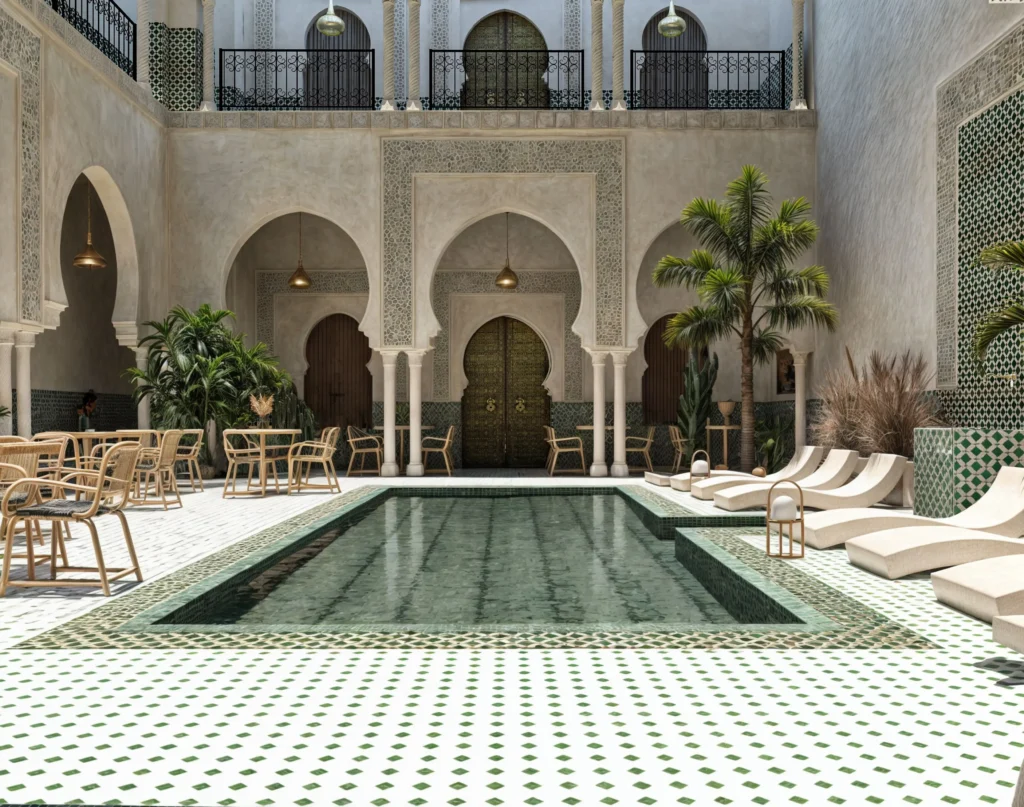 A serene and inviting scene showcasing the interior of a luxurious Moroccan riad, featuring intricate tile work, lush indoor gardens, and an elegant courtyard pool. In the foreground, a tasteful selection of opulent decorative items and soft textiles adorn a beautifully arranged seating area. In the middle, a carefully curated ambiance is illustrated by warm, ambient lighting filtering through ornate lanterns, casting gentle shadows. In the background, you can see classic arched doorways and vibrant mosaic patterns reflecting Moroccan artistry. The atmosphere is tranquil and refined, evoking a sense of relaxation and comfort. The image is shot with a warm color palette, using a soft focus lens to create a dreamy and inviting vibe. The overall mood speaks to the essence of luxury and cultural elegance, ideal for choosing a perfect stay in Morocco.